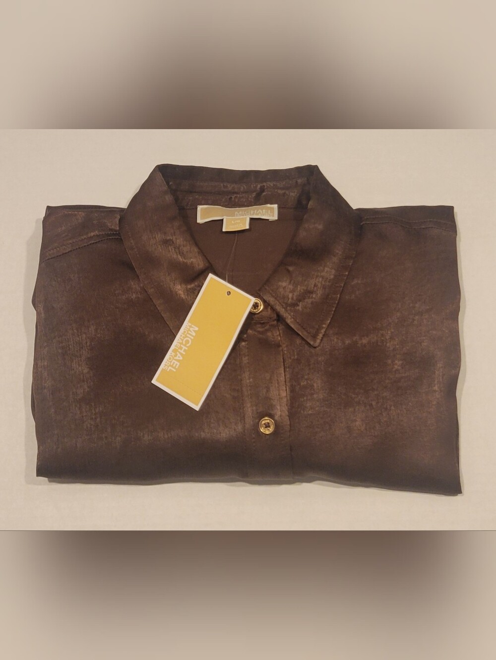 Michael Kors Women's Saddle Brown Satin Like Button Down Dress Shirt Large NWT